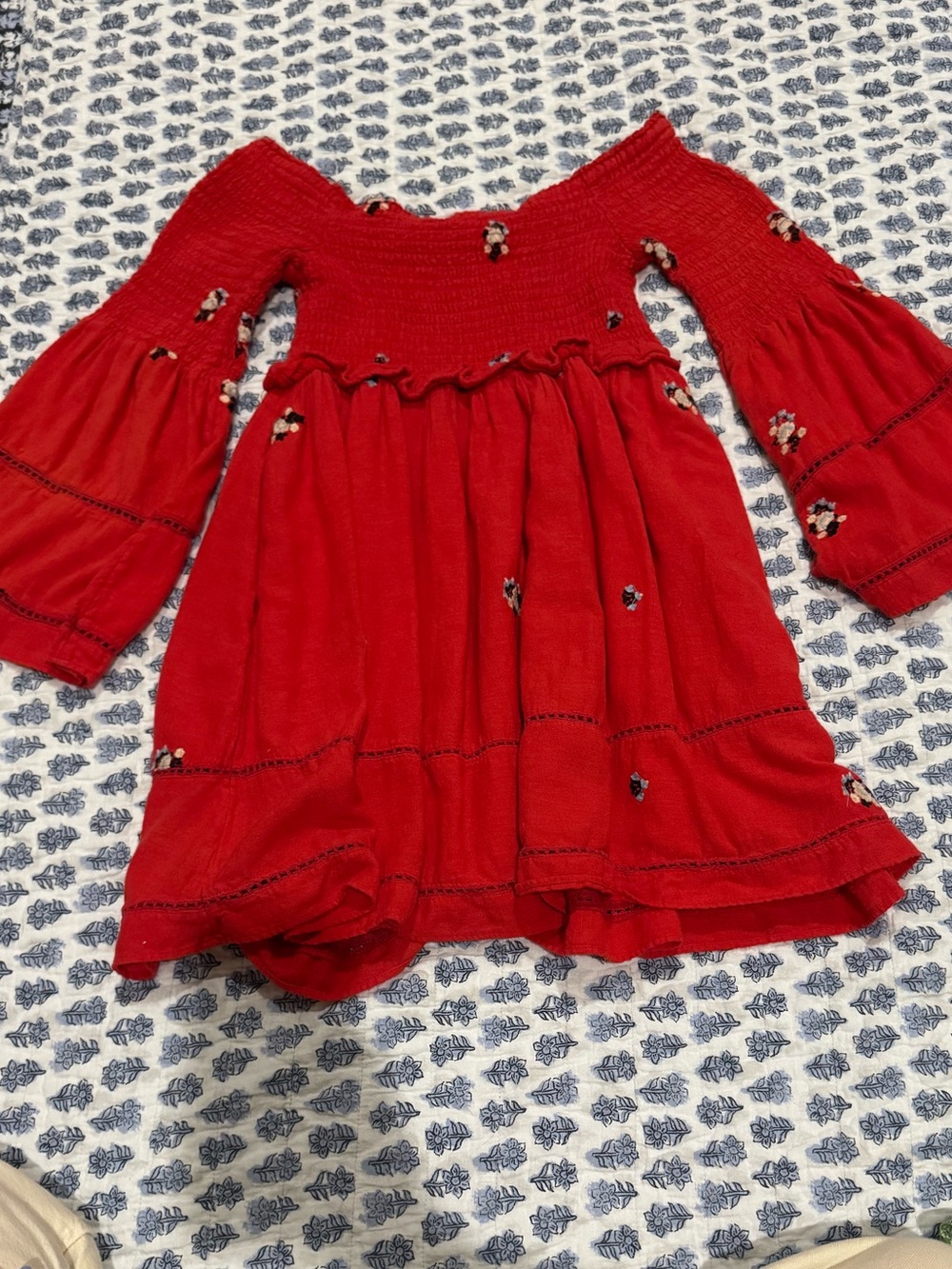 Free People Red Smocked Off-The-Shoulder Dress